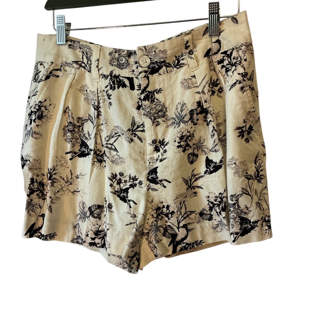 Who What Wear Shorts Linen Blend High Waisted Floral Cream Black Print Chic Sz 8